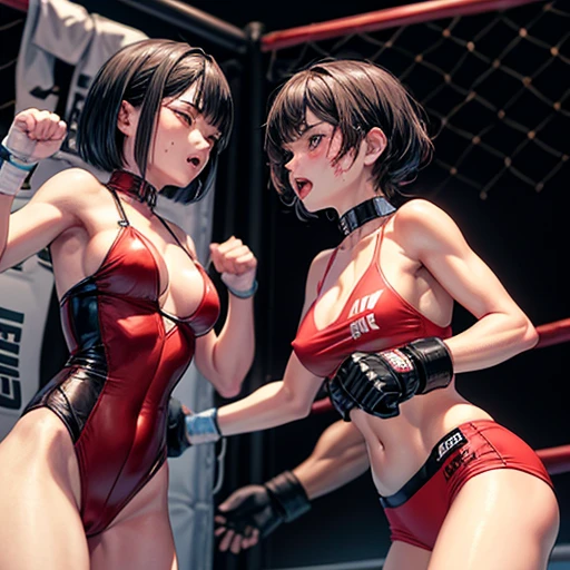 Wearing a monokini. Dynamic battle action. Trying to kill your opponent with a punch. These women are out of power. Two young and beautiful Japanese female mixed martial artists in a match in the octagon. They are smashing their fists against their opponents' bodies. They are covered in blood. They are out of breath with their mouths open, drooling, one eye closed. She is sweating profusely. Short-cut black hair. Omini-finger gloves. Erect nipples. Small breasts.