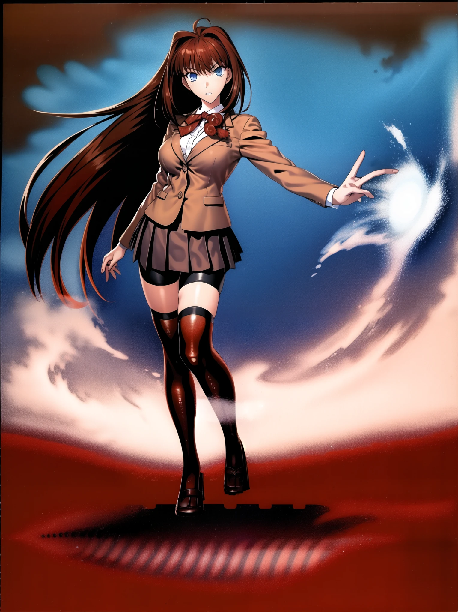 BREAK, centered. BREAK, (EMPTY BACKGROUND), BREAK, (masterpiece), best quality, high resolution, 8k, illustration, (beautiful detailed eyes:1.5), extremely detailed face, extremely detailed body, CG, perfect hands, perfect anatomy, (((1girl))), ((solo)), (((bbaoko))), ((2 legs max)), ((2 feet max:1.6)), ((swirling vortex shaped longest brown hair:1.5)), (brown longest hair with slightly reddish undertone:1.6), (lush luscious longest brown hair:1.6), (very long voluminous longest brown hair:1.5), serious, blue eyes, red bowtie, (Form-fitting beige blazer:1.5), brown jacket, (highly detailed beautiful face:1.2), (white shirt:1), (well shaped large breasts:1.6), (nice hips:1), (((Umber pleated thigh-high skirt:1.6))), (((black bike shorts:1.4))), (toned thighs:1.6), (black kneesocks:1.6), (strap shoes brown color), (facing front:1.5), ((standing straight:1.5)), ((Fullbody in frame:1.6)), ((Full body:1.5)), ((takeuchi takashi:1.3))
