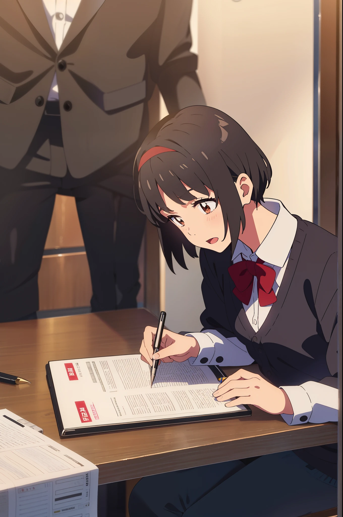 shinkai makoto, kimi no na wa., 1girl, bangs, black hair, brown eyes, shinny skin, red headband, red ribbon, red bow, collared shirt, white shirt, black cardigans, black pants, short hair, formal, in the conference, bringing a book, open mouth, POV (POV boy's is bringing the pen to girl for signing)