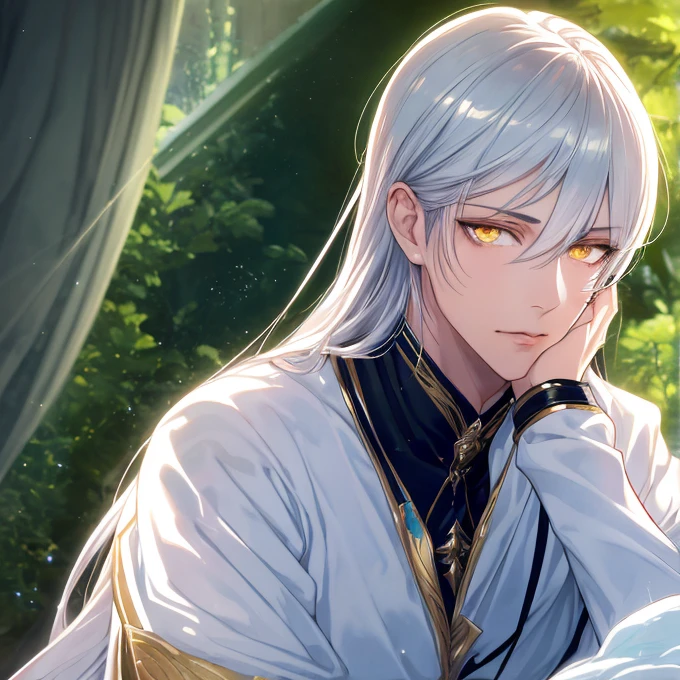  (masterpiece, 8k, Absurd, Digital Art, Digital Illustration, Realistic, Very detailed, Realistic lighting), (Perfect Face, Perfect Eyes, Perfect body), male,1 person,fox耳,Arms crossed,妖fox, fox,male的な, Adult,good looking, Sharp features,good looking, alone, male1名, Long silver hair,Sharp eyes, Golden Eyes, White clothes, Fantasy, Calm expression,I'm in the demon world