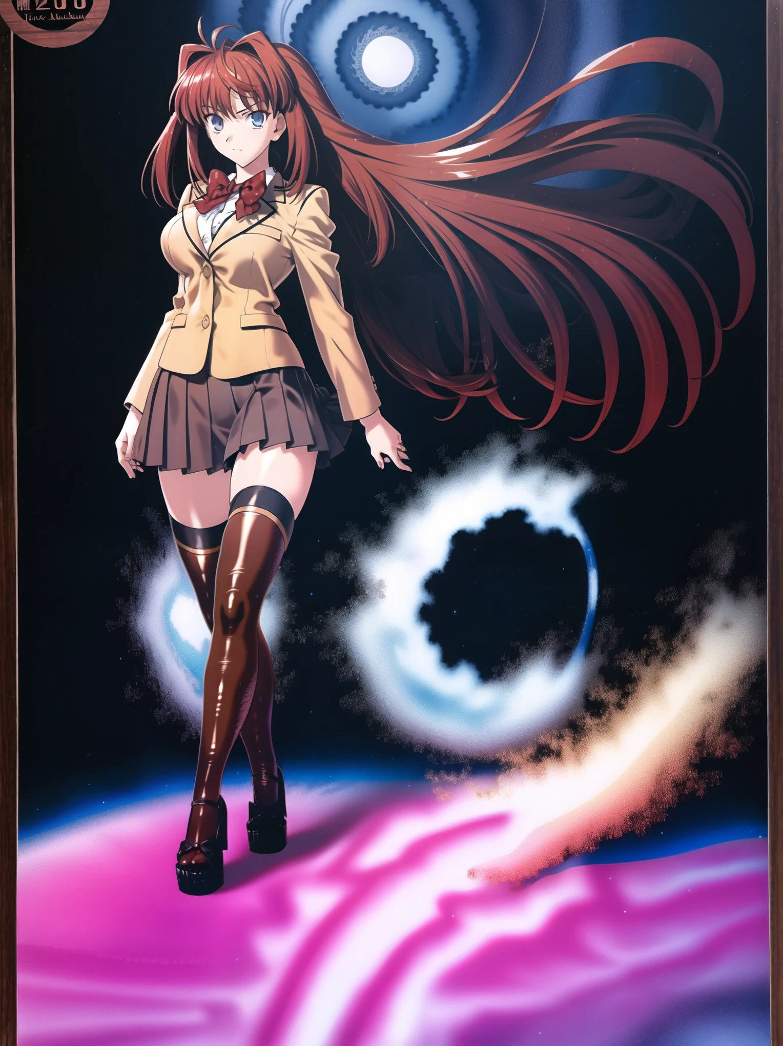 BREAK, centered. BREAK, (EMPTY BACKGROUND), BREAK, (masterpiece), best quality, high resolution, 8k, illustration, (beautiful detailed eyes:1.5), extremely detailed face, extremely detailed body, CG, perfect hands, perfect anatomy, (((1girl))), ((solo)), (((bbaoko))), ((2 legs max)), ((2 feet max:1.6)), ((swirling vortex shaped longest brown hair:1.5)), (brown longest hair with slightly reddish undertone:1.6), (lush luscious longest brown hair:1.6), (very long voluminous longest brown hair:1.5), serious, blue eyes, red bowtie, (Form-fitting beige blazer:1.5), brown jacket, (highly detailed beautiful face:1.2), (white shirt:1), (well shaped large breasts:1.6), (nice hips:1), (((Umber pleated thigh-high skirt:1.6))), (((black bike shorts:1.4))), (toned thighs:1.6), (black kneesocks:1.6), (strap shoes brown color), (facing front:1.5), ((standing straight:1.5)), ((Fullbody in frame:1.6)), ((Full body:1.5)), ((takeuchi takashi:1.3))