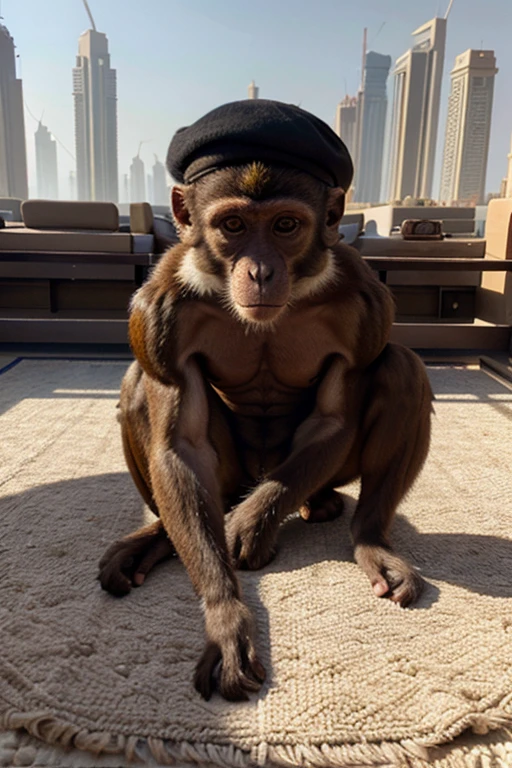 monkey in a beret flying on a carpet above the buildings of dubai and holding a cigar