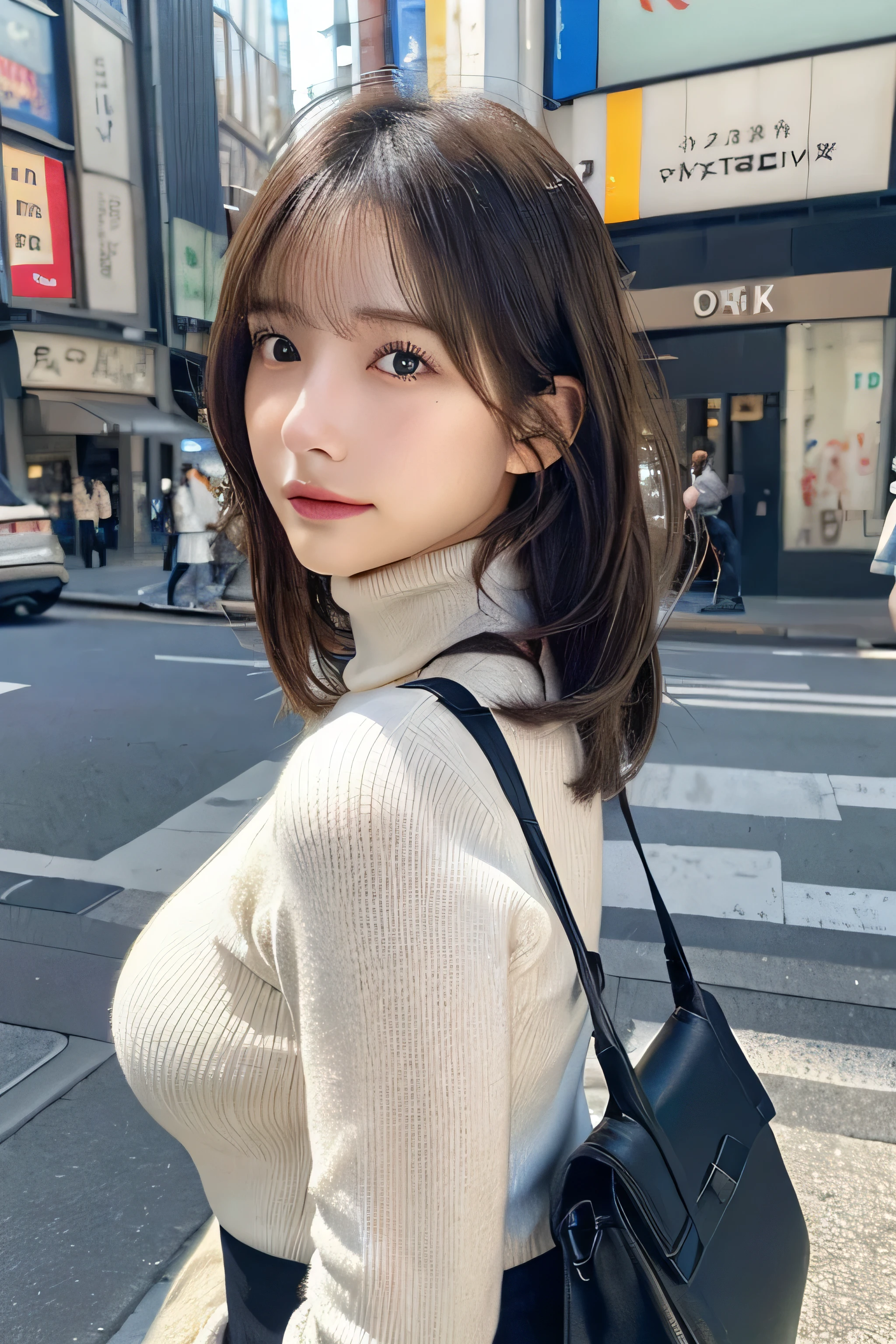(Colossal tits、Turtleneck sweater、shoulder bags)、(top-quality,masterpiece:1.3,Ultra-high resolution,),(ultra - detailed,Caustics),(Reality:1.4,RAW shooting,)Hyper-realistic capture,A very detailed one,HD 16K human skin、 Natural skin texture、、Skin looks healthy、even skintone、 Use natural light and color,A woman who is,japanes,,kawaii,A brunette one,mid hair,(depth of fields、color difference、、Wide range of lighting、naturalshadow、)、(Hair swaying in the wind:1.2)、Streets of Tokyo、Large Breasts、
