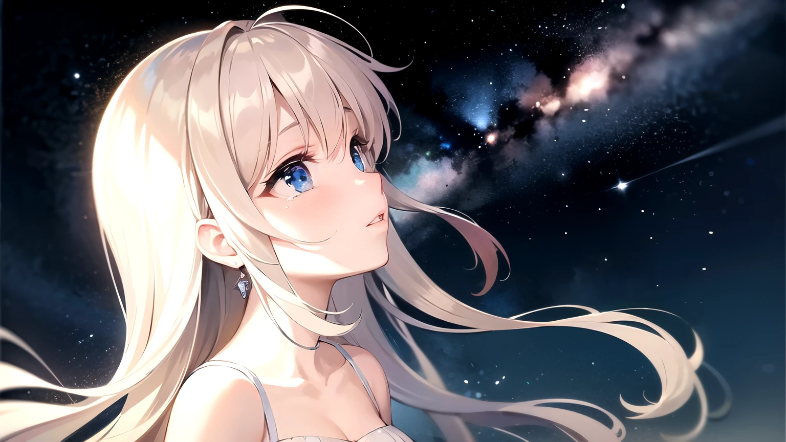 ((highest quality)), ((masterpiece)), (detailed), Perfect Face、profile、girl、one person、Greige hair、Long Hair、White dress、Looking up at the night sky、shooting star、Cami dress、tears、Bangs、Blue Eyes、Light in the eyes、a woman、Close your mouth