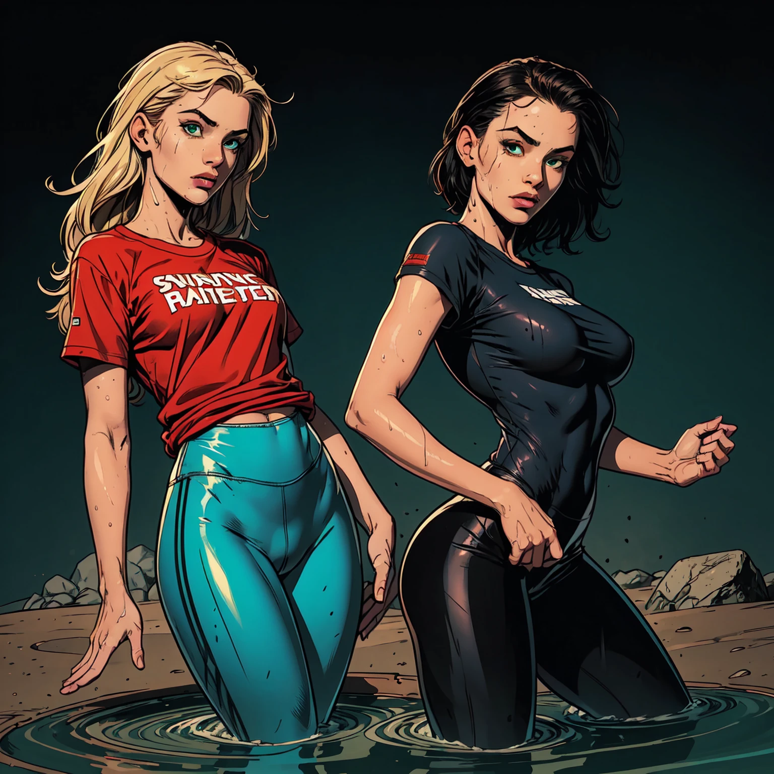 masterpiece, sensation:1.2, attention-grabbing:1.2, void bright background, young girl:1.2, young facial features, t-shirt, sporty stylish wetlook leggings, sinking, void quicksand, red, green, blue