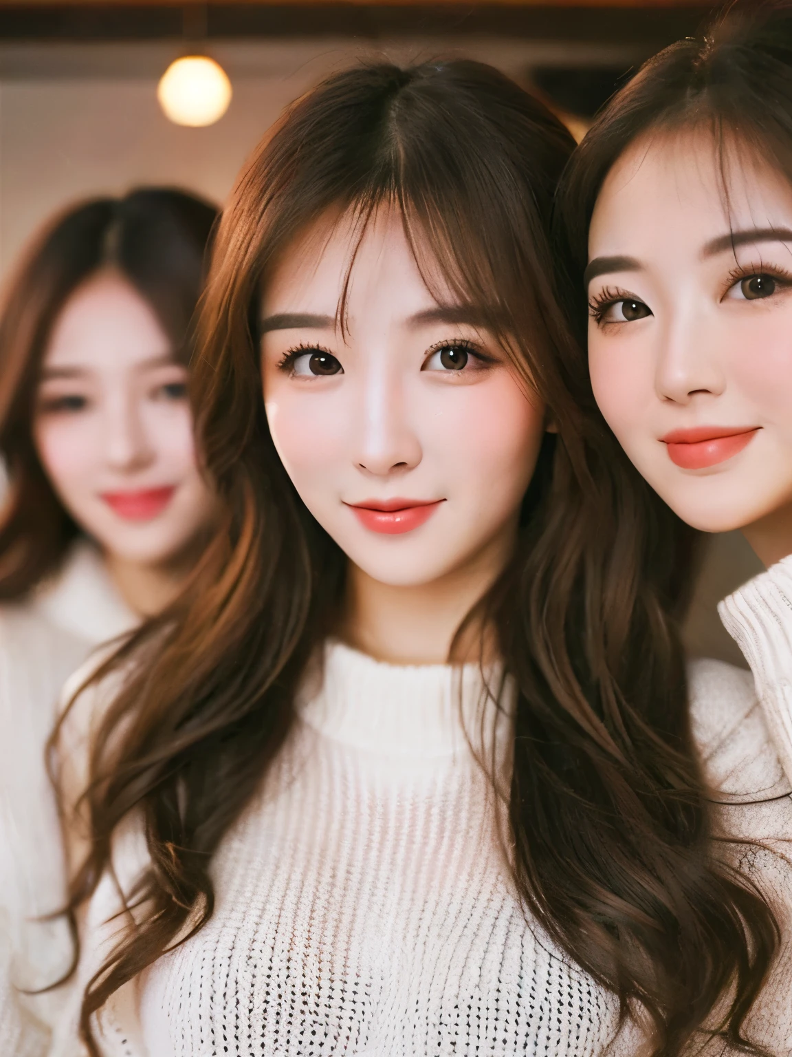Beautiful woman facial features three-dimensional face if peach blossom gentle moving big chest long curly hair white sweater space station