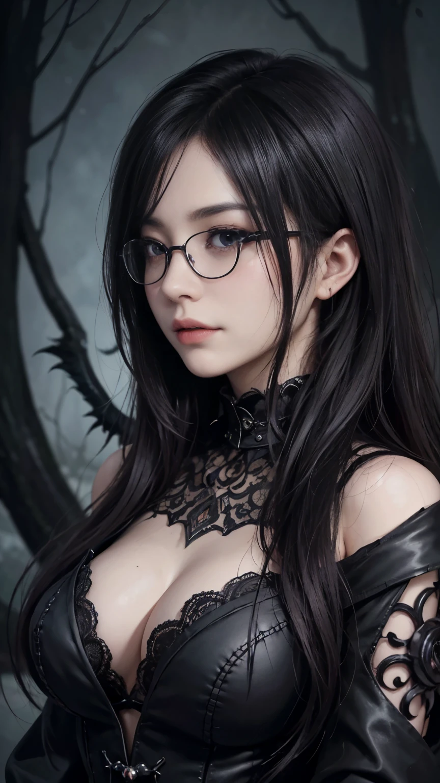 (highest quality,4K,8k,High resolution,masterpiece:1.2),Super detailed,(Realistic,photoRealistic,photo-Realistic:1.37), Close-up of a woman with dark hair and a black dress, Dark Eyes,((((Glasses))))、sinister smile,Evil Aura,Burning Flames,Soul Corruption,Dark Shadows,Ominous atmosphere,Strange symbols,Cursed Land,Eternal Darkness,An unforgettable presence,Intimidating person,Grotesque features,Horror Scene,Nightmare born kimono,Twisted reality,Scary atmosphere,Awesome work of art,Evil Unleashed,Supernatural horror,Creepy art,Nightmare fuel,Terrifyingly clear,Abstract fear,Terrifyingly beautiful,masterpiece,Fear incarnate,Shadow Chaos,existence,Darkness,in style of Dark Fantasy Art, Dark fantasy art, A beautiful and elegant dark queen, Dark Fantasy Art, fantasy dark art, Dark fantasy digital art, Gothic fantasy art, Gothic Dark Maiden, Detailed Texture,Spooky creatures,An ominous atmosphere,Mythical,cosmic Horror,darkness,Mysterious,Dark aesthetic,Fog Background,Eyes of another world,Ancient Gods, Powerful wizard, Stand in the mysterious forest. Flowing robes decorated with symbols, Arms stretched out, Powerful,Tentacles,Pitch black blackness,Majestic,Unfathomable depth,Nightmare,The existence of the universe,an ominous existence,seeping darknesss,Secrets of the Universe,It (Spooky atmosphere), (Cartoon-like atmosphere),(Grainy), (Dramatic Shadows), (Dynamic pose), ((Artistically expressed)), ((Fascinating), (Gothic), (Mysterious Setting), (Moody color palette), (Skillfully drawn), (Feelings of anxiety), (Intricate details), (an ominous smile), (an ominous), (Fascinating eyes), (Horror elements), (Fascinating composition), (Impressive anatomy),(Striking contrast)), (Exquisite craftsmanship), (Interesting character designs)、Dark Fantasy Portrait, Portrait of the Dark Goddess,