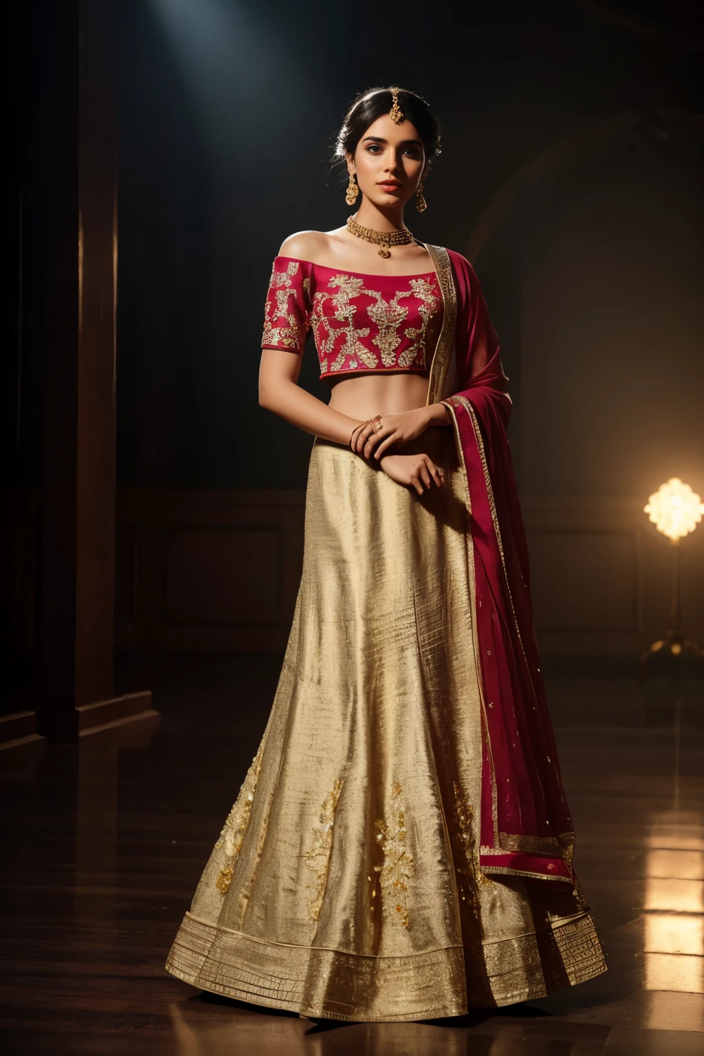 In this photograph, an Indian Instagram female model in her mid-20s takes center stage. (highly detailed face:1.4) (smile:0.7) (background 5-star hotel, moody, private study:1.0V, by Lee Jeffries, Nikon D850, film stock photograph, 4 Kodak Portra 400, camera f1.6 lens, rich colors, hyper-realistic, lifelike texture, dramatic lighting, Cinestill 800, realistic). She is wearing a stunning yellow red lehenga choli that exudes vibrant elegance. The lehenga (skirt) is richly embellished with intricate gold embroidery and beadwork, creating a dazzling pattern that catches the light beautifully. The choli (blouse) has a sweetheart neckline and short, puff sleeves, mirroring the lehenga’s elaborate design with matching embroidery.
The choli features a tie-up detail on the back, adding a delicate touch to the traditional ensemble. The lehenga is of floor-length, flowing gracefully with a slight flare, and includes an attached lining for added comfort and volume. The ensemble is completed with a matching dupatta (scarf) draped elegantly over one shoulder, also adorned with intricate embroidery and a delicate border.
Completing the aesthetic, the model wears a slave collar with a chain around her neck, adding an edgy contrast to the traditional outfit. The photograph is meticulously captured in 8K resolution using cutting-edge techniques such as Cinema 4D and Octane Render, resulting in a highly detailed and photorealistic image. Studio lighting, HDR, and a smoky mist create a captivating ambiance, while the bokeh effect adds an artistic touch.