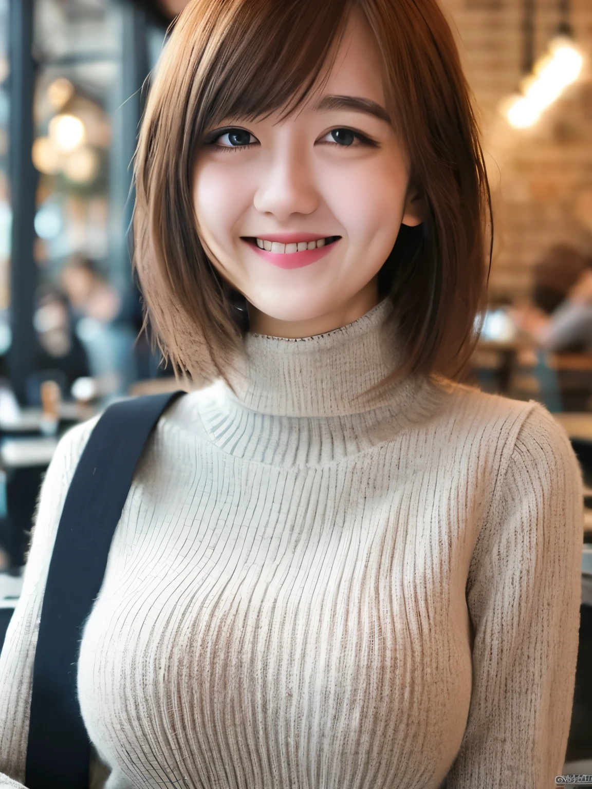 masutepiece, Best Quality, Illustration, Ultra-detailed, finely detail, hight resolution, 8K Wallpaper, Perfect dynamic composition, Beautiful detailed eyes, Long sleeve knit with shoulder extension,Bob Hair, mid-chest, Natural Color Lip, Random and sexy poses,Smile,20 years girl,Colossal ,cafes,Coffee,Emphasis on the chest