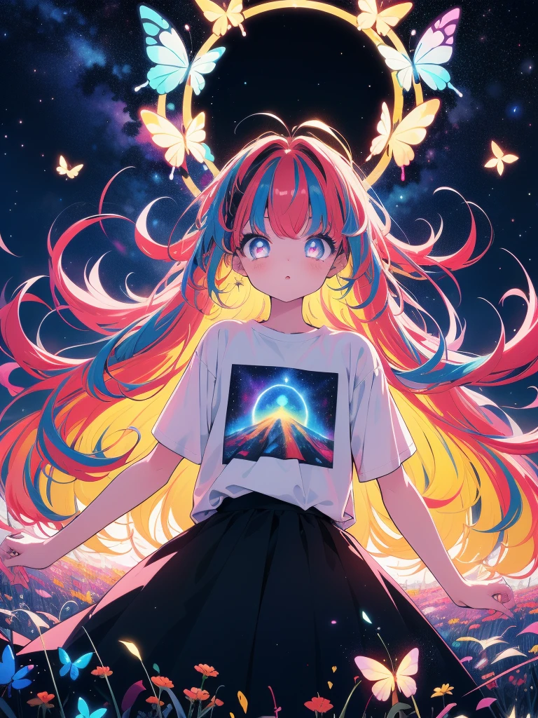 1girl,masterpiece, best quality,incredibly absurdres,long hair,(((glowing colorfull meadow))),fantasy colorfull,starry sky,night sky,standing,glowing butterfly,glowing effect,(white t-shirt),oversized shirt,looking at viewer,close view,facing viewer,glowing eyes,glowing nebula sky,((ducking forward)),surprised,pov