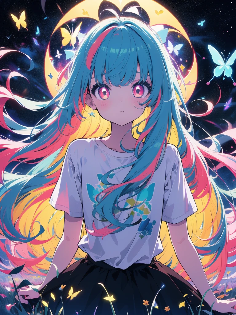 1girl,masterpiece, best quality,incredibly absurdres,long hair,(((glowing colorfull meadow))),fantasy colorfull,starry sky,night sky,standing,glowing butterfly,glowing effect,(white t-shirt),oversized shirt,looking at viewer,close view,facing viewer,glowing eyes,glowing nebula sky,((ducking forward)),surprised,pov
