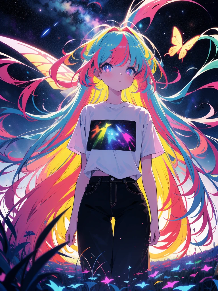 1girl,masterpiece, best quality,incredibly absurdres,long hair,(((glowing colorfull meadow))),fantasy colorfull,starry sky,night sky,standing,glowing butterfly,glowing effect,(white t-shirt),oversized shirt,looking at viewer,close view,facing viewer,glowing eyes,glowing nebula sky,((ducking forward)),surprised,pov