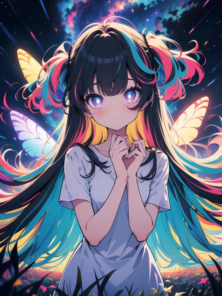 1girl,masterpiece, best quality,incredibly absurdres,long hair,(((glowing colorfull meadow))),fantasy colorfull,starry sky,night sky,standing,glowing butterfly,glowing effect,(white t-shirt),oversized shirt,looking at viewer,close view,facing viewer,glowing eyes,glowing nebula sky,((ducking forward)),surprised,pov