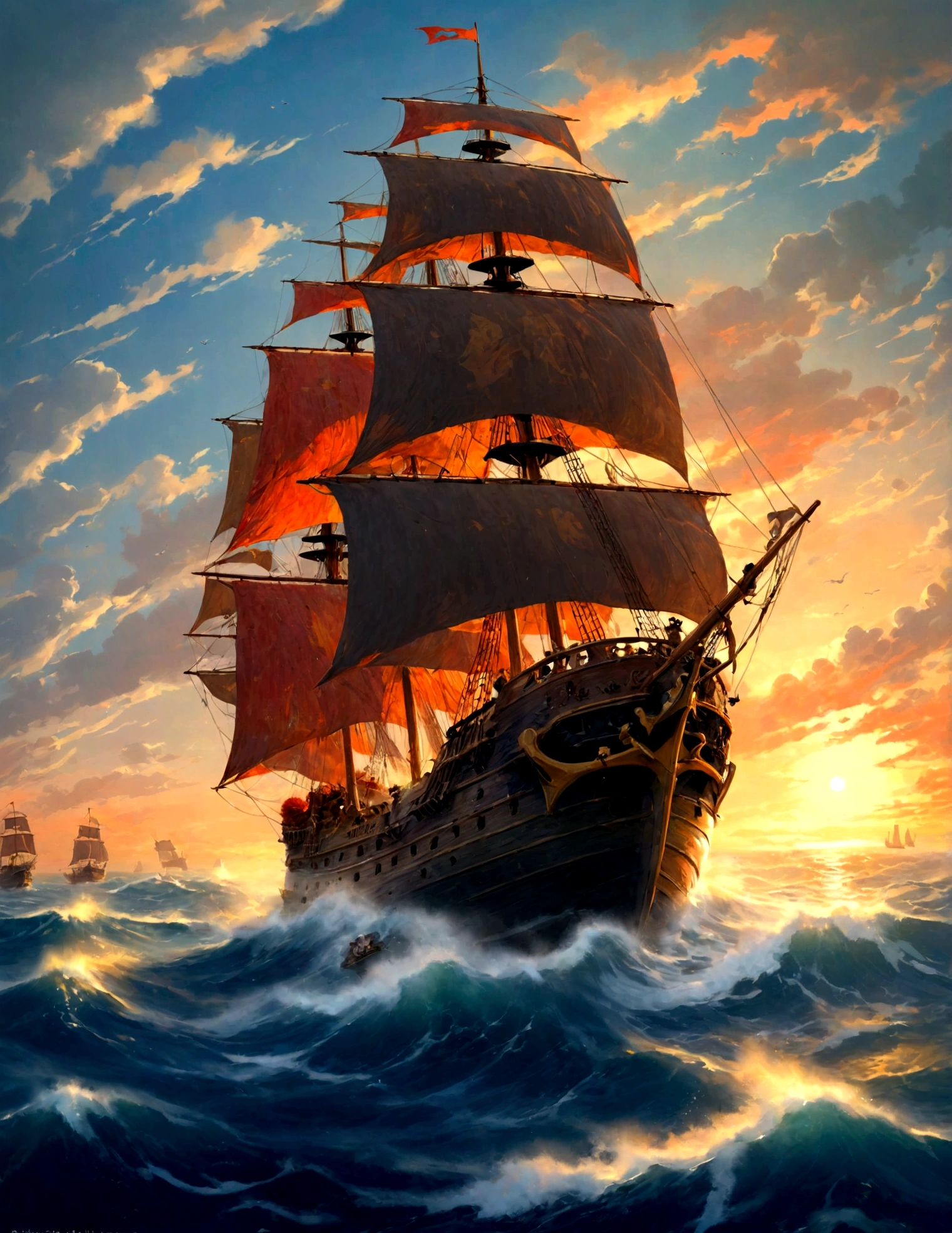 bateau pirate dans l&#39;ocean at sunset, peinture de l&#39;artiste Mark Roberts, fond d&#39;amazing screen, par Brian Thomas, Navire en mer, by Pablo Muñoz Gomez, bateau à voile, par Fiodor Rokotov, par Alexandre Gine, un navire perdu dans une tempête, par Alexandre Kucharski, sur fond de bateau pirate, vieux bateau pirate, Sailing Ships