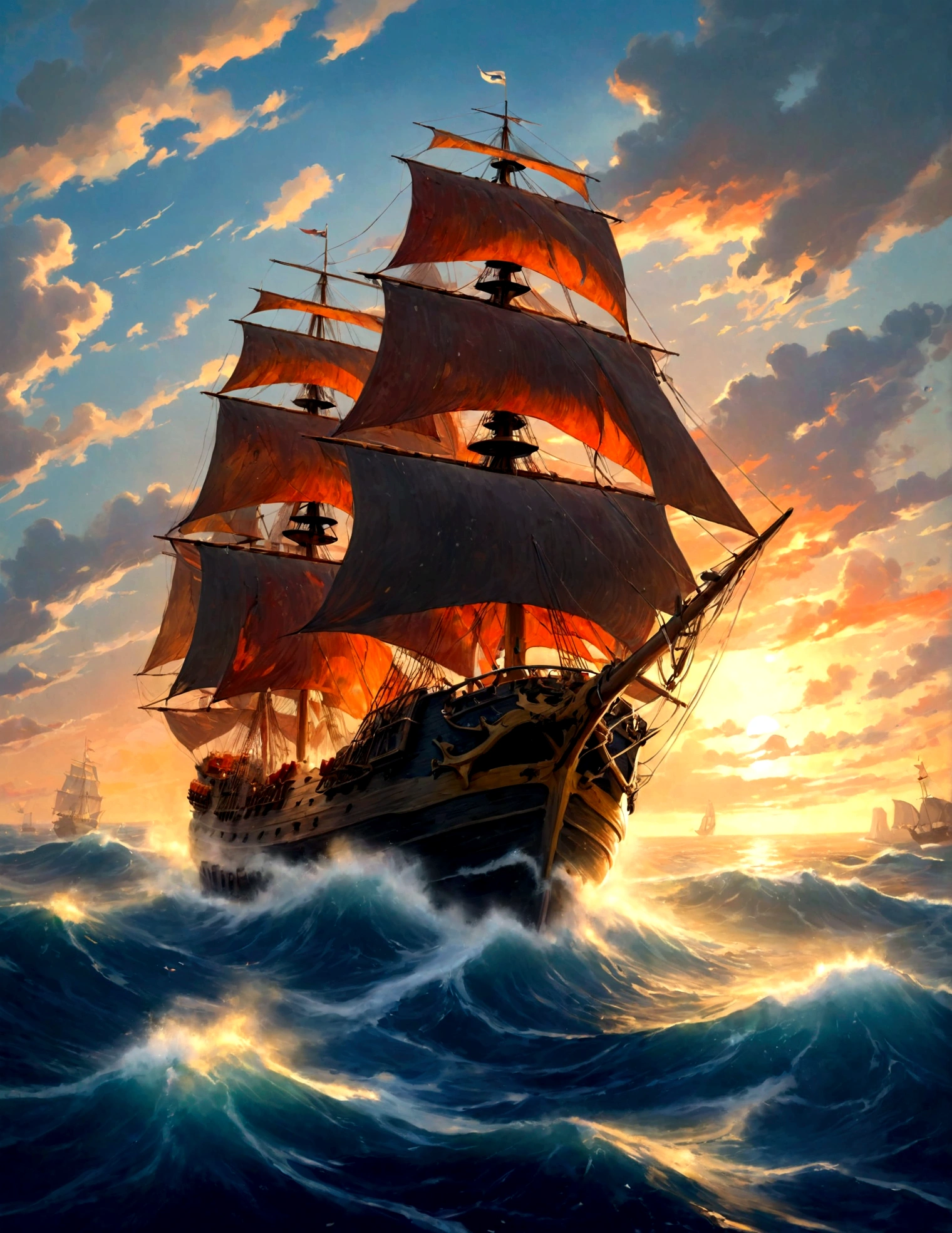 bateau pirate dans l&#39;ocean at sunset, peinture de l&#39;artiste Mark Roberts, fond d&#39;amazing screen, par Brian Thomas, Navire en mer, by Pablo Muñoz Gomez, bateau à voile, par Fiodor Rokotov, par Alexandre Gine, un navire perdu dans une tempête, par Alexandre Kucharski, sur fond de bateau pirate, vieux bateau pirate, Sailing Ships