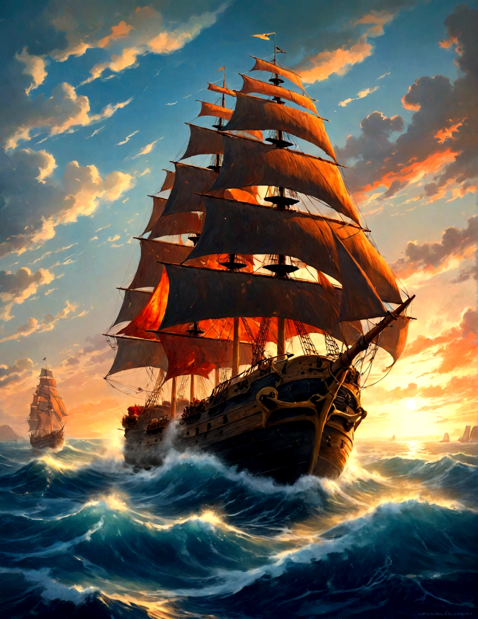 bateau pirate dans l&#39;ocean at sunset, peinture de l&#39;artiste Mark Roberts, fond d&#39;amazing screen, par Brian Thomas, Navire en mer, by Pablo Muñoz Gomez, bateau à voile, par Fiodor Rokotov, par Alexandre Gine, un navire perdu dans une tempête, par Alexandre Kucharski, sur fond de bateau pirate, vieux bateau pirate, Sailing Ships