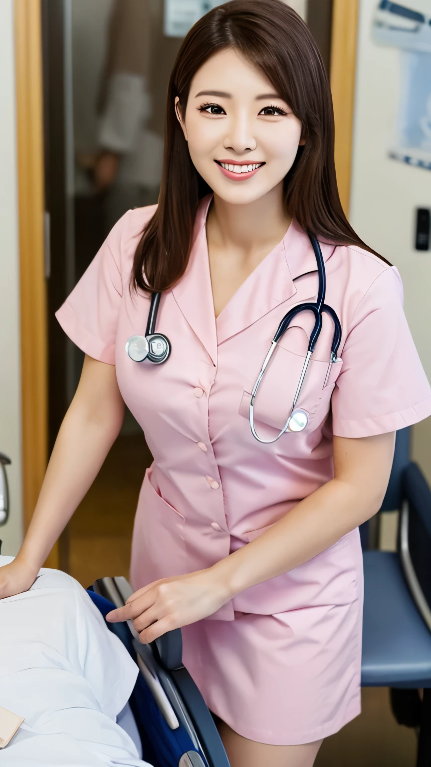 (One ultimate beautiful mature woman), experienced nurse, very detailed顔, detailed lips, fine eyes, double eyelid, brunette updo, (grin and laugh), ((beautiful teeth)), (((Wearing a pink nurse uniform)))), big breasts, (thighs thighs), Perfect fit, perfect body, perfect face, (((background: A hospital room with lots of medical equipment)))、(written boundary depth), Perfect image realism, With detailed background, detailed costume, perfection、hyper realism、Photoreal、8K maximum resolution, (masterpiece), very detailed, Professional