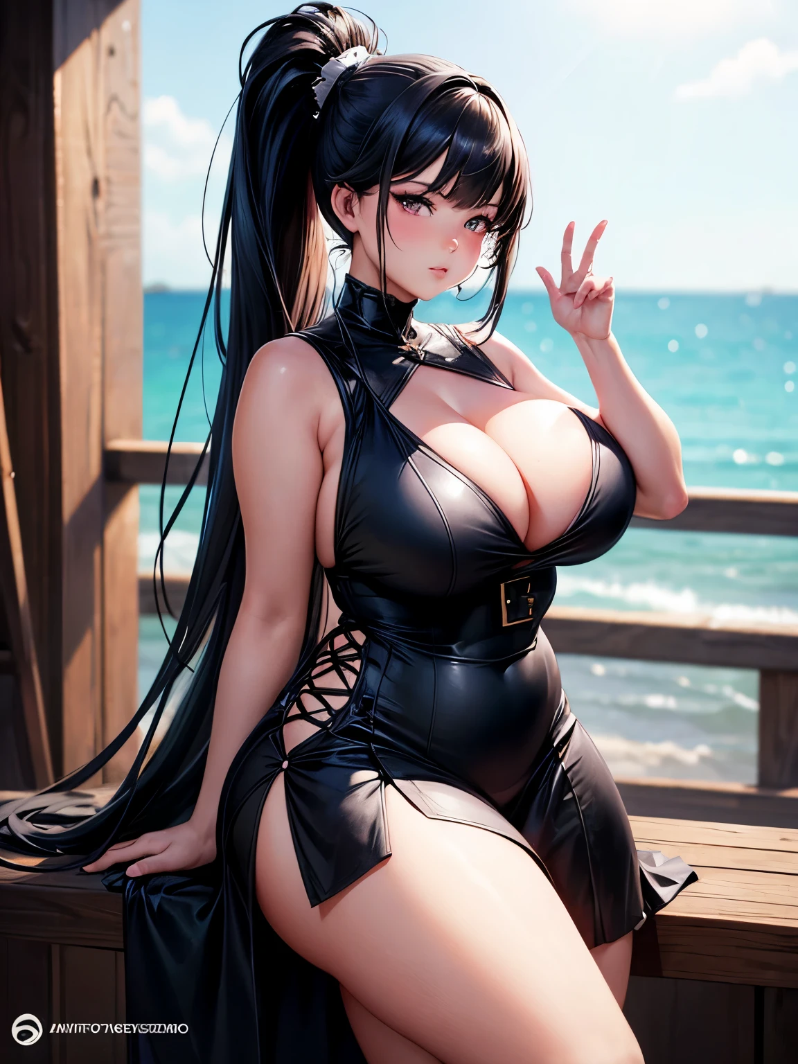 close-up of a 20 age chubby woman nsfw in a no dress, sleeveless, dark eyes, legs, long black ponytail hair, stunning beautiful artwork, maximalist, by artgerm, 8k anime artwork, 8k photo, trending on artstation.