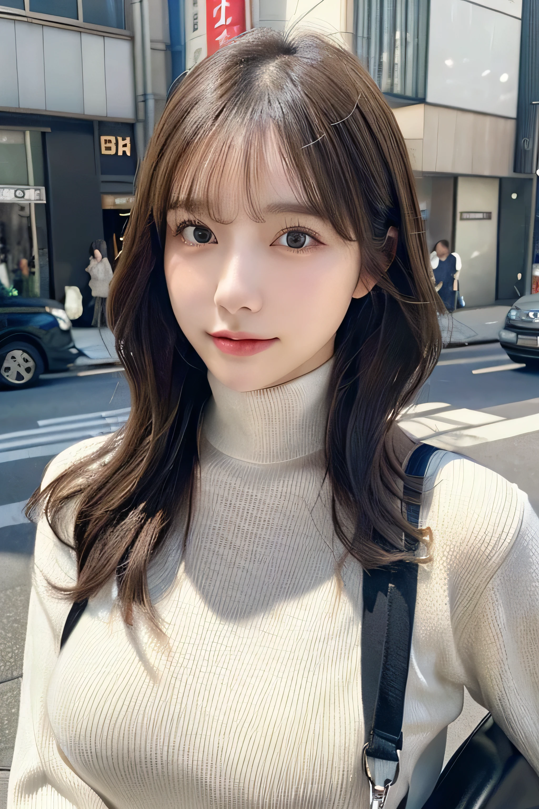(Colossal tits、Turtleneck sweater、shoulder bags)、(top-quality,masterpiece:1.3,Ultra-high resolution,),(ultra - detailed,Caustics),(Reality:1.4,RAW shooting,)Hyper-realistic capture,A very detailed one,HD 16K human skin、 Natural skin texture、、Skin looks healthy、even skintone、 Use natural light and color,A woman who is,japanes,,kawaii,A brunette one,mid hair,(depth of fields、color difference、、Wide range of lighting、naturalshadow、)、(Hair swaying in the wind:1.2)、Streets of Tokyo、Large Breasts、
