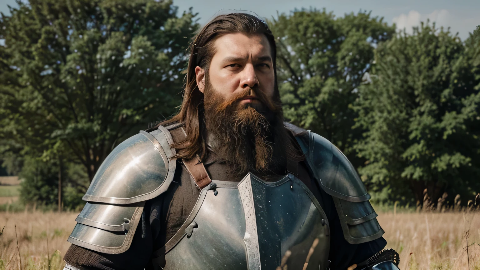 an ultra realistic photo with lots of details of a giant short hair long beard he is serious walking in a field he wears armor he is a little fat