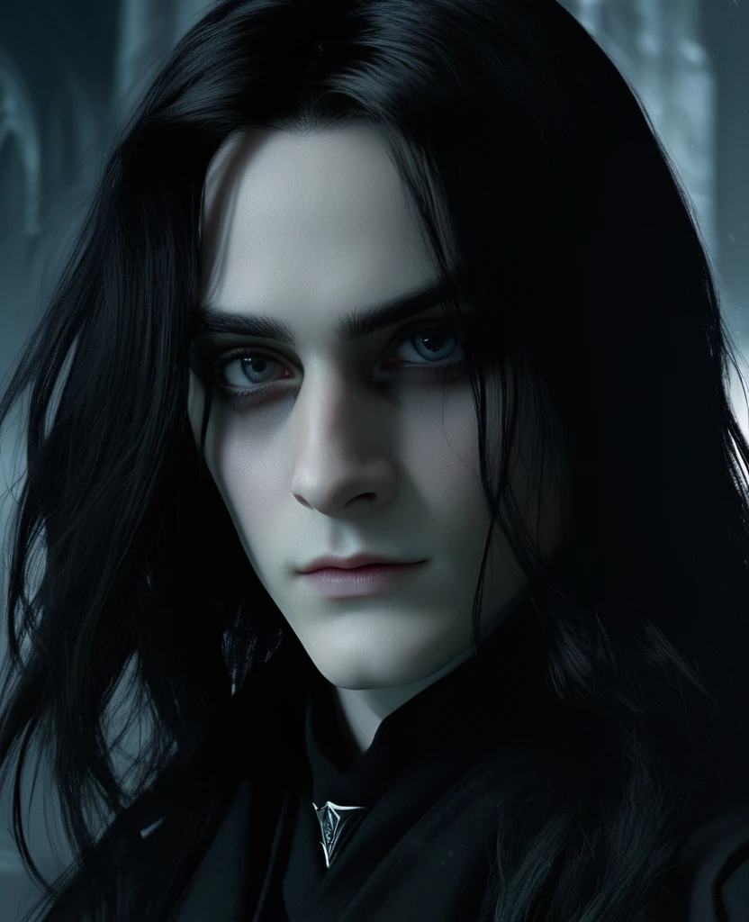 Portrait, black eyes, long black greasy hair, pale complexion, elegant features, roman nose, Young Severus Snape