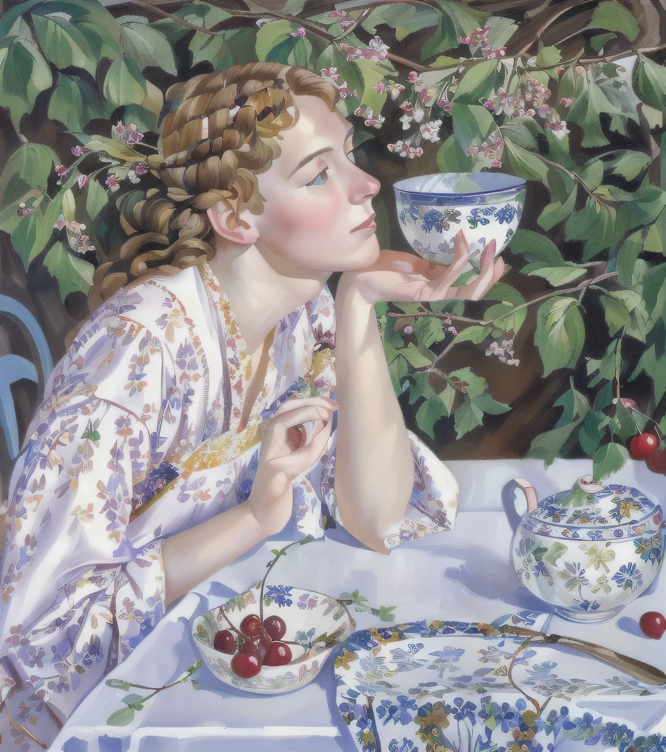 painting of a woman sitting at a table with a bowl of cherries, by Janet Fish, francine van hove, inspired by Zinaida Serebriakova, by Igor Grabar, by Zinaida Serebriakova, by Barbara Nessim, inspired by Konstantin Somov, inspired by Janet Fish, inspired by Béni Ferenczy