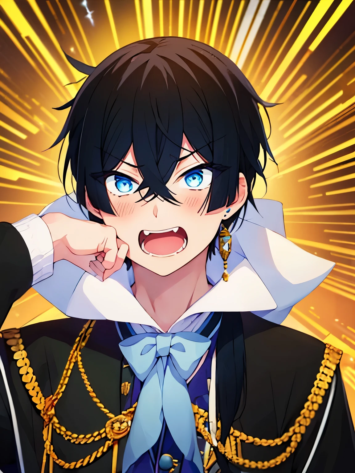 1boy,Kingdom uniform, shock expression,Surprised expression, teeth showing , half body photo