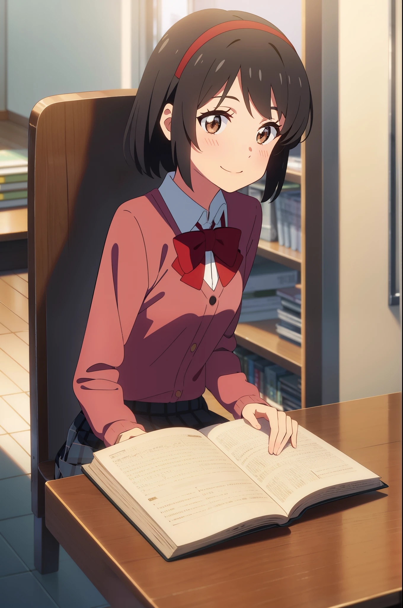 shinkai makoto, kimi no na wa., 1girl, bangs, black hair, blush, brown eyes, shinny skin, red headband, red ribbon, red bow, collared shirt, white shirt, black cardigans, black skirt, plaid skirt, short hair, cute, smile, solo, long sleeves, indoors, office background, sitting on the chair, reading a book
