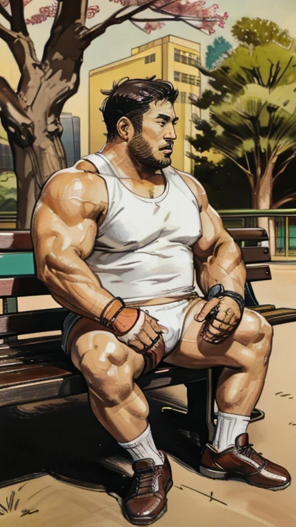 a shirtless 35-year-old stocky chubby thick Japanese rugby player with short hair wearing only white briefs sitting on a bench and wide open legs in a park