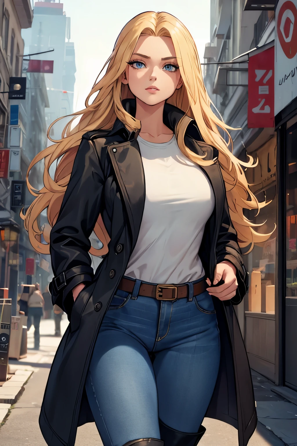 beautiful woman, long blond hair, denim tight pants, high boot above the knee, trench coat