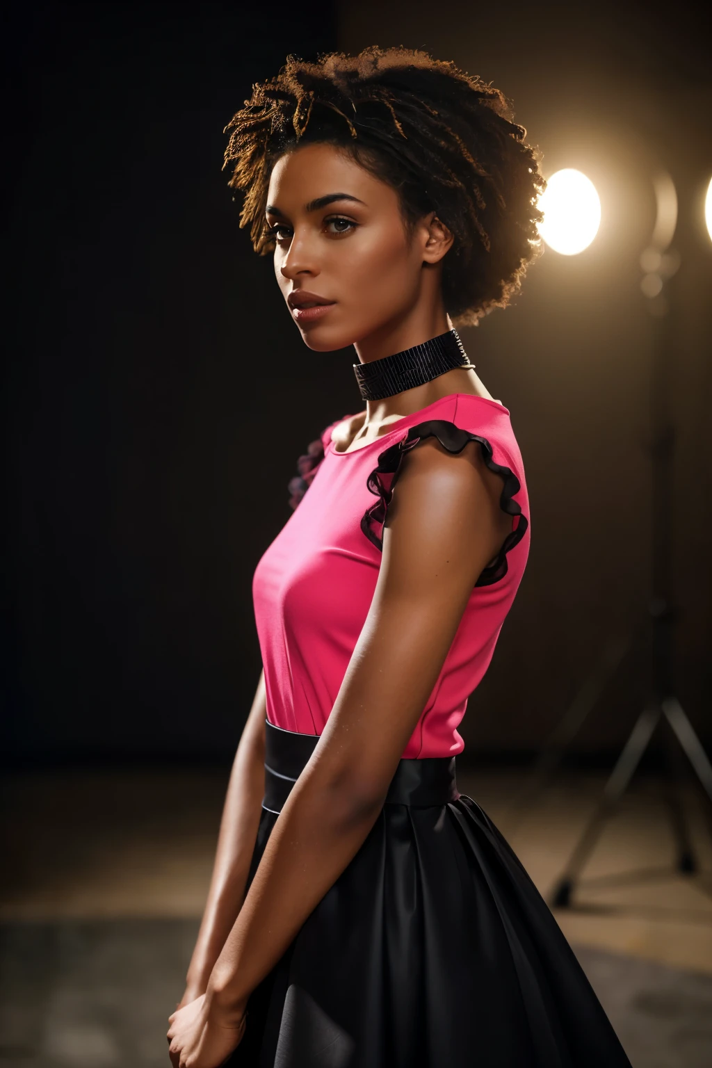 In this photograph, an Afro American Instagram female model in her mid-20s takes center stage. , (highly detailed face:1.4) (smile:0.7) (backround 5 star hotel , moody, private study:1.OV, by lee jeffries, nikon d850, film stock photograph ,4 kodak portra 400 ,camera f1.6 lens ,rich colors ,hyper realistic ,lifelike texture, dramatic lighting , cinestill 800, realistic, wearing red pink and black combination dobby weave self design fit & flare dress Sweetheart neck Short, puff sleeve Tie-up detail on back Above knee length in flounce hem Attached Lining Chiffon fabric, actress, karla ortiz, posing!!, candid picture, by Max Dauthendey,Completing the aesthetic, the model wears a slave collar with a chain around her neck. The photograph is meticulously captured in 8K resolution using cutting-edge techniques such as Cinema 4D and Octane Render, resulting in a highly detailed and photorealistic image. Studio lighting, HDR, and a smoky mist create a captivating ambiance, while the bokeh effect adds an artistic touch.