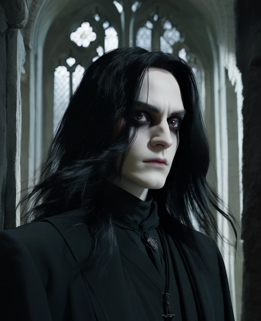 Black eyes, long black greasy hair, pale complexion, elegant features, roman nose, Young Severus Snape
