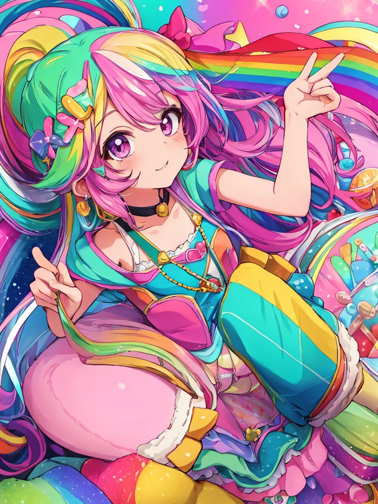 cute (chibi) princess in rainbow candy shop, highly detailed high contrast hd masterpiece of best quality in high resolution