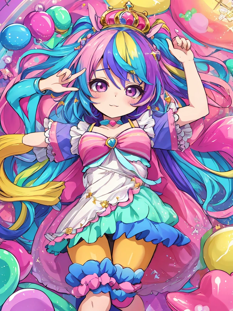 cute (chibi) princess in rainbow candy shop, highly detailed high contrast hd masterpiece of best quality in high resolution