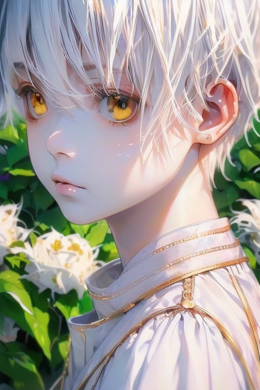 masterpiece, (((HDR))), ((best quality)), (ultra high quality), (hi-res), ((1 anime boy)), (((gold eyes and white skin))), beautiful eyes, ((adult)), (((white hair))), (very short hair), (no side locks), (no side bangs), no hair part, white long sleeve shirt, casual clothes, facing camera, in a garden, half body