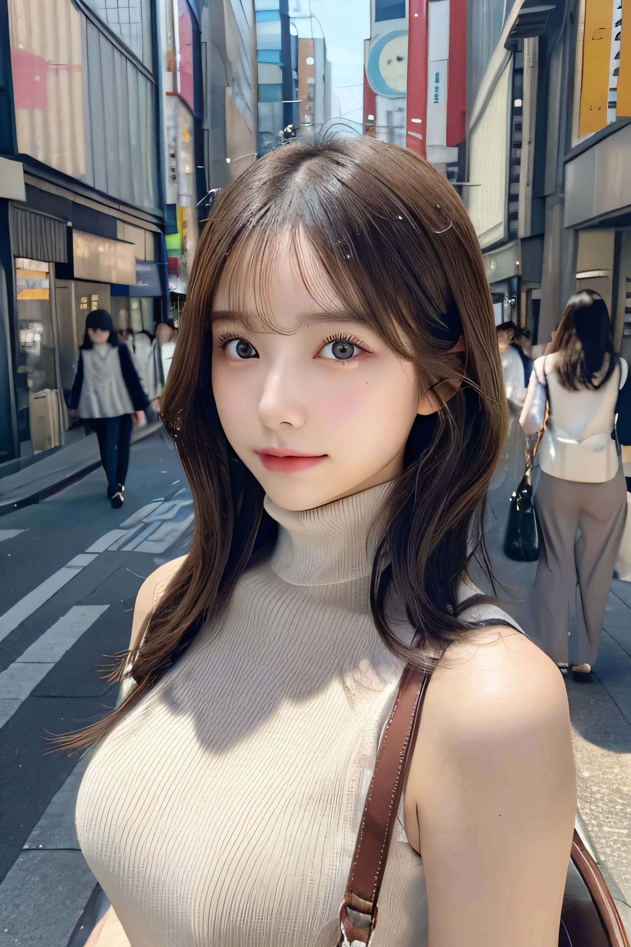 (Colossal tits、Turtleneck sweater、shoulder bags)、(top-quality,masterpiece:1.3,Ultra-high resolution,),(ultra - detailed,Caustics),(Reality:1.4,RAW shooting,)Hyper-realistic capture,A very detailed one,HD 16K human skin、 Natural skin texture、、Skin looks healthy、even skintone、 Use natural light and color,A woman who is,japanes,,kawaii,A brunette one,mid hair,(depth of fields、color difference、、Wide range of lighting、naturalshadow、)、(Hair swaying in the wind:1.2)、Streets of Tokyo、Large Breasts、