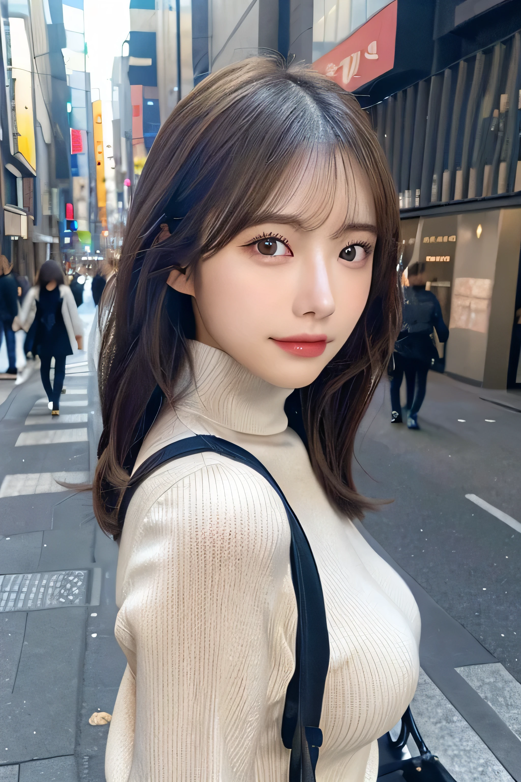 (Colossal tits、Turtleneck sweater、shoulder bags)、(top-quality,masterpiece:1.3,Ultra-high resolution,),(ultra - detailed,Caustics),(Reality:1.4,RAW shooting,)Hyper-realistic capture,A very detailed one,HD 16K human skin、 Natural skin texture、、Skin looks healthy、even skintone、 Use natural light and color,A woman who is,japanes,,kawaii,A brunette one,mid hair,(depth of fields、color difference、、Wide range of lighting、naturalshadow、)、(Hair swaying in the wind:1.2)、Streets of Tokyo、Large Breasts、