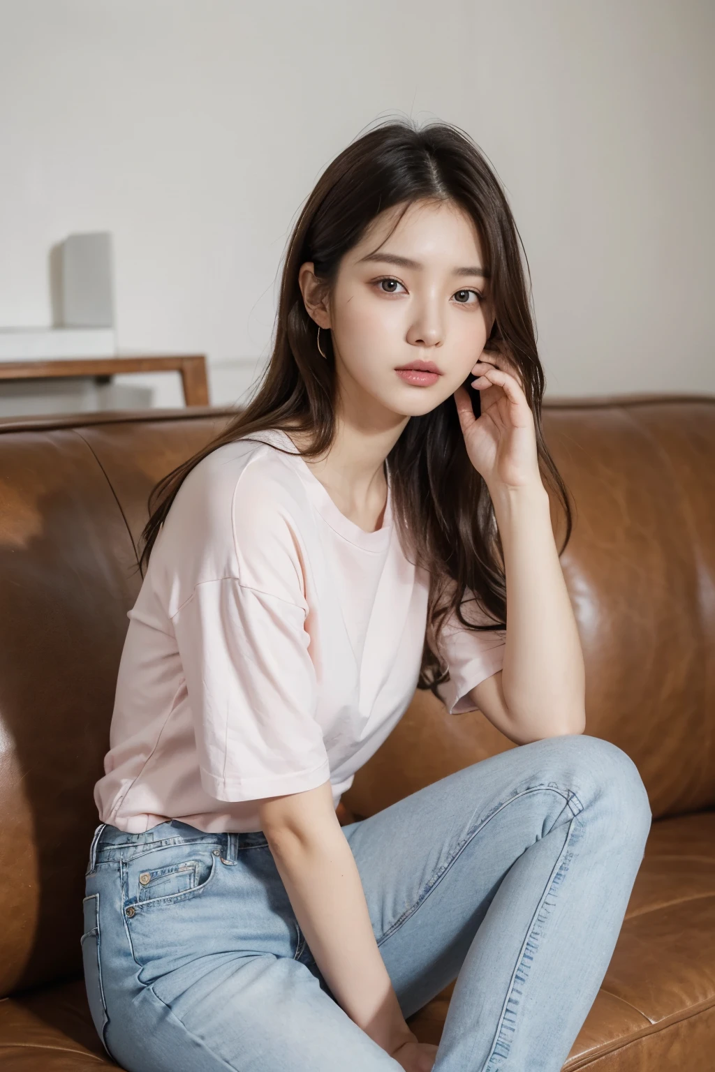 A beautiful girl about 25 years old, brown hair, delicate facial features, peerless beauty, wearing a pink and white Stylish top, wearing blue jeans, sitting on the sofa, full body photo ulzzang