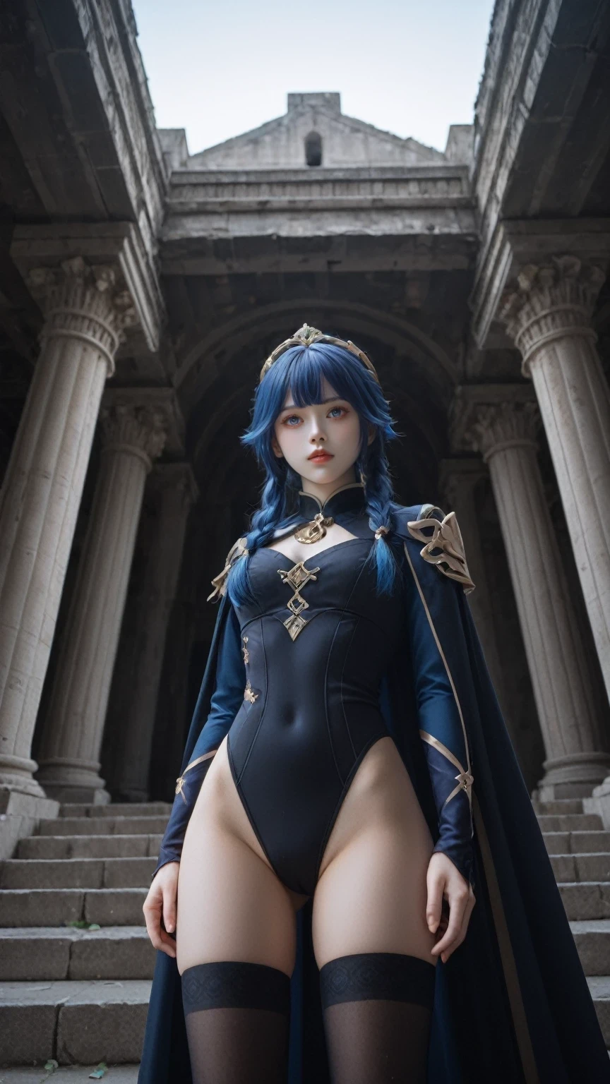 score_9,score_8_up,score_7_up,Cinematic film still, Ancient, Low angle shot, Ansel Adams style, Elegant girl with a hairband, wearing a leotard and cape, her blue hair flowing, multicolored eyes gleaming, vision of Genshin Impact,vision \(genshin impact\), long sleeves and gloves, side locks framing her face, black thighhighs, standing proudly, Ruins of an ancient city, vast space around her, symmetrical composition, Soft natural lighting, Canon camera, 85mm lens, F2.8 aperture.