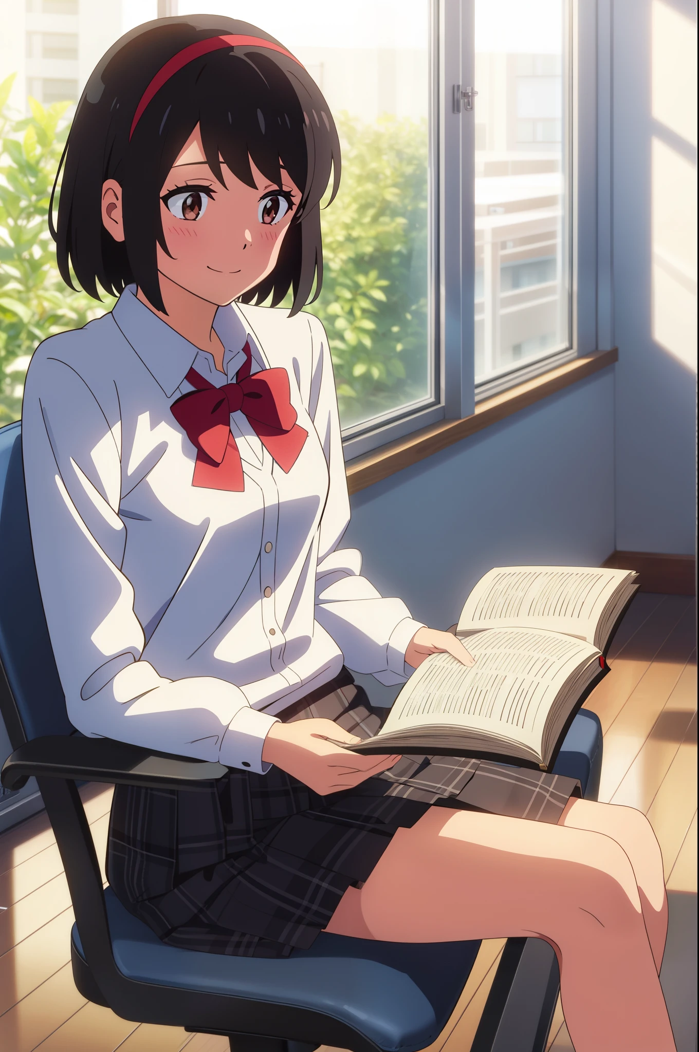 shinkai makoto, kimi no na wa., 1girl, bangs, black hair, blush, brown eyes, shinny skin, red headband, red ribbon, red bow, collared shirt, white shirt, black cardigans, black skirt, plaid skirt, short hair, cute, smile, solo, long sleeves, indoors, office background, sitting on the chair, reading a book