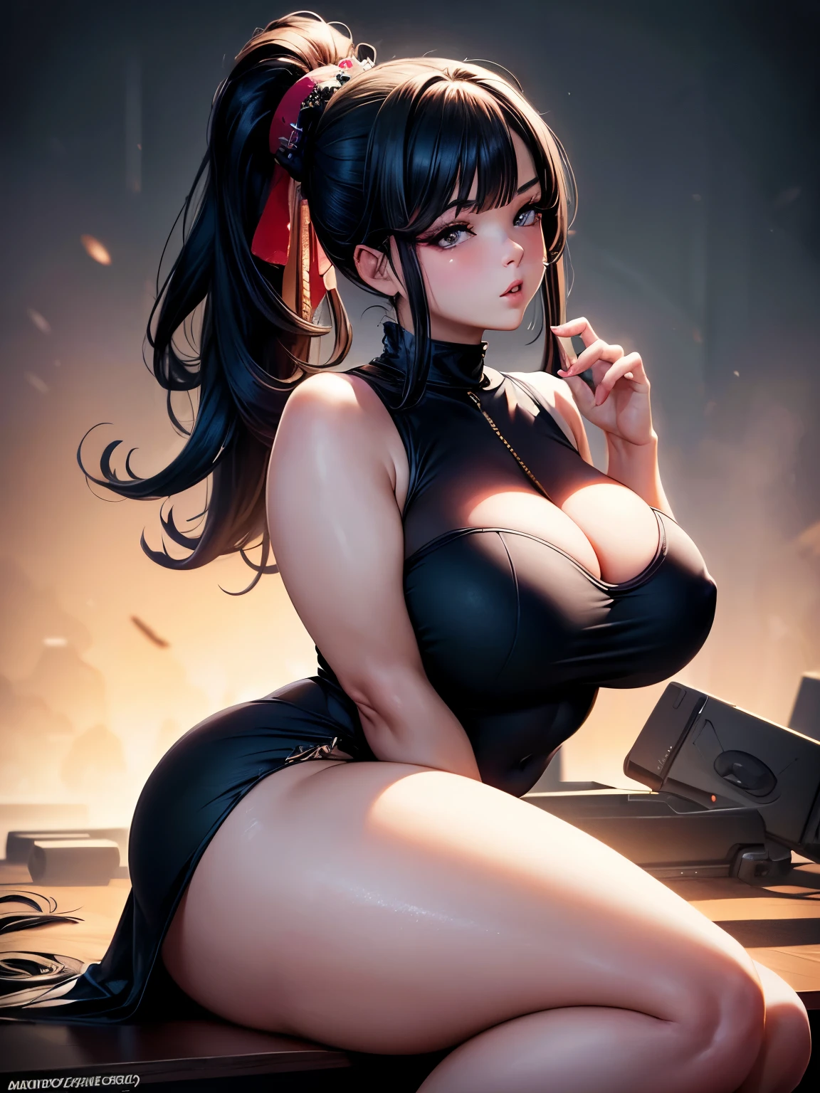 close-up of a 20 age chubby woman  nsfw in a no dress,  sleeveless, dark eyes, legs, long black ponytail hair, stunning beautiful artwork, maximalist, by artgerm, 8k anime artwork, 8k photo, trending on artstation.