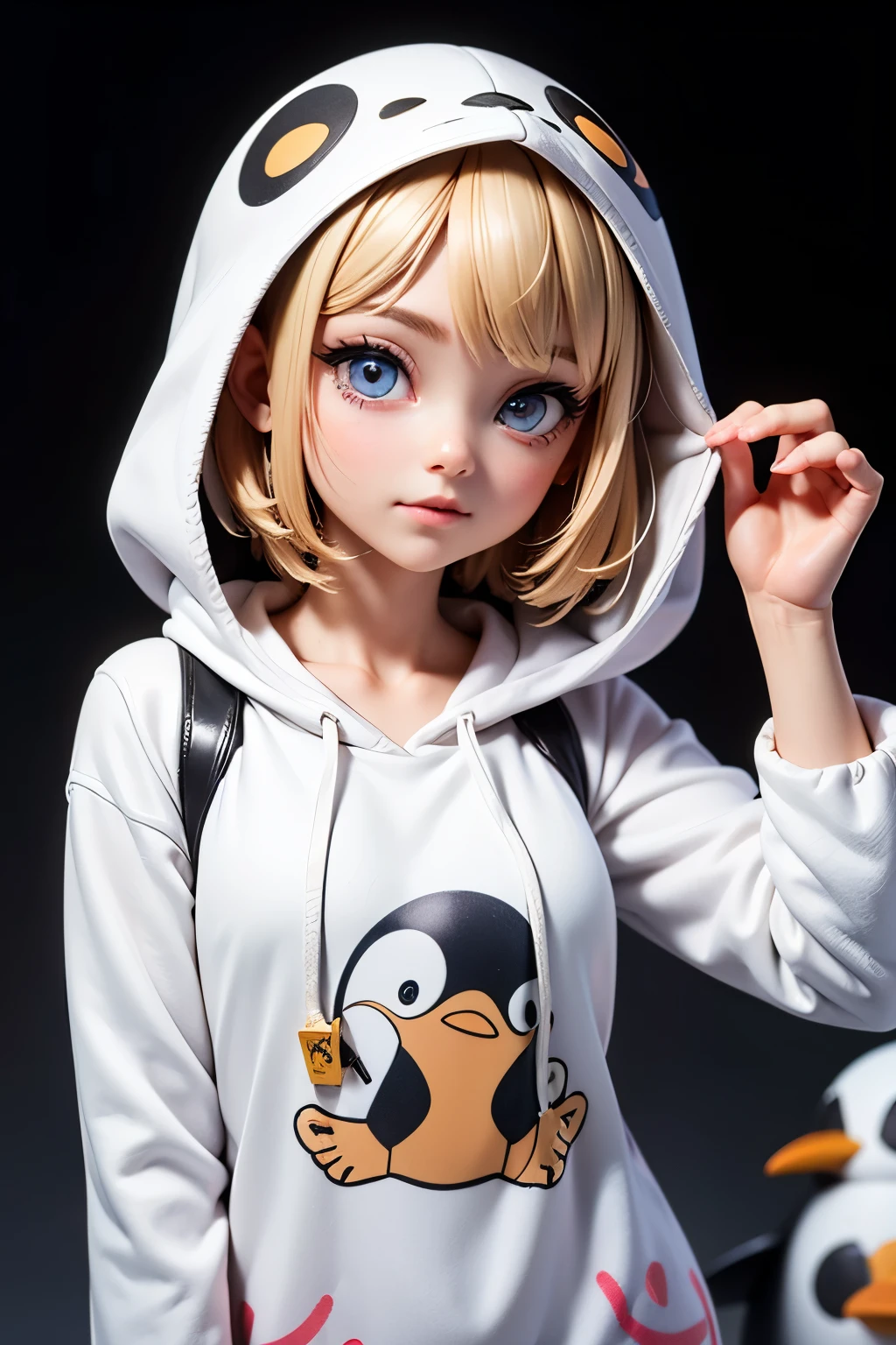 Glitter eye make up, dark blonse hair, blue eyes, wearing black and white penguin onesie, hood of penguin costume is up, cute thug life
