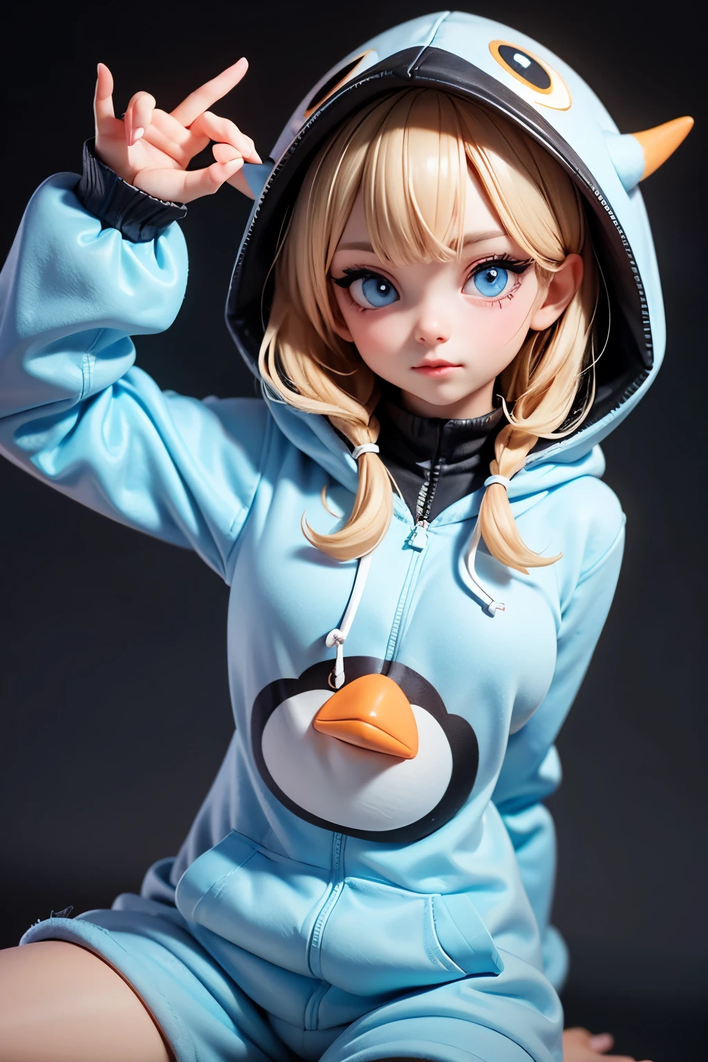 Glitter eye make up, dark blonse hair, blue eyes, wearing black and white penguin onesie, hood of penguin costume is up, cute thug life

