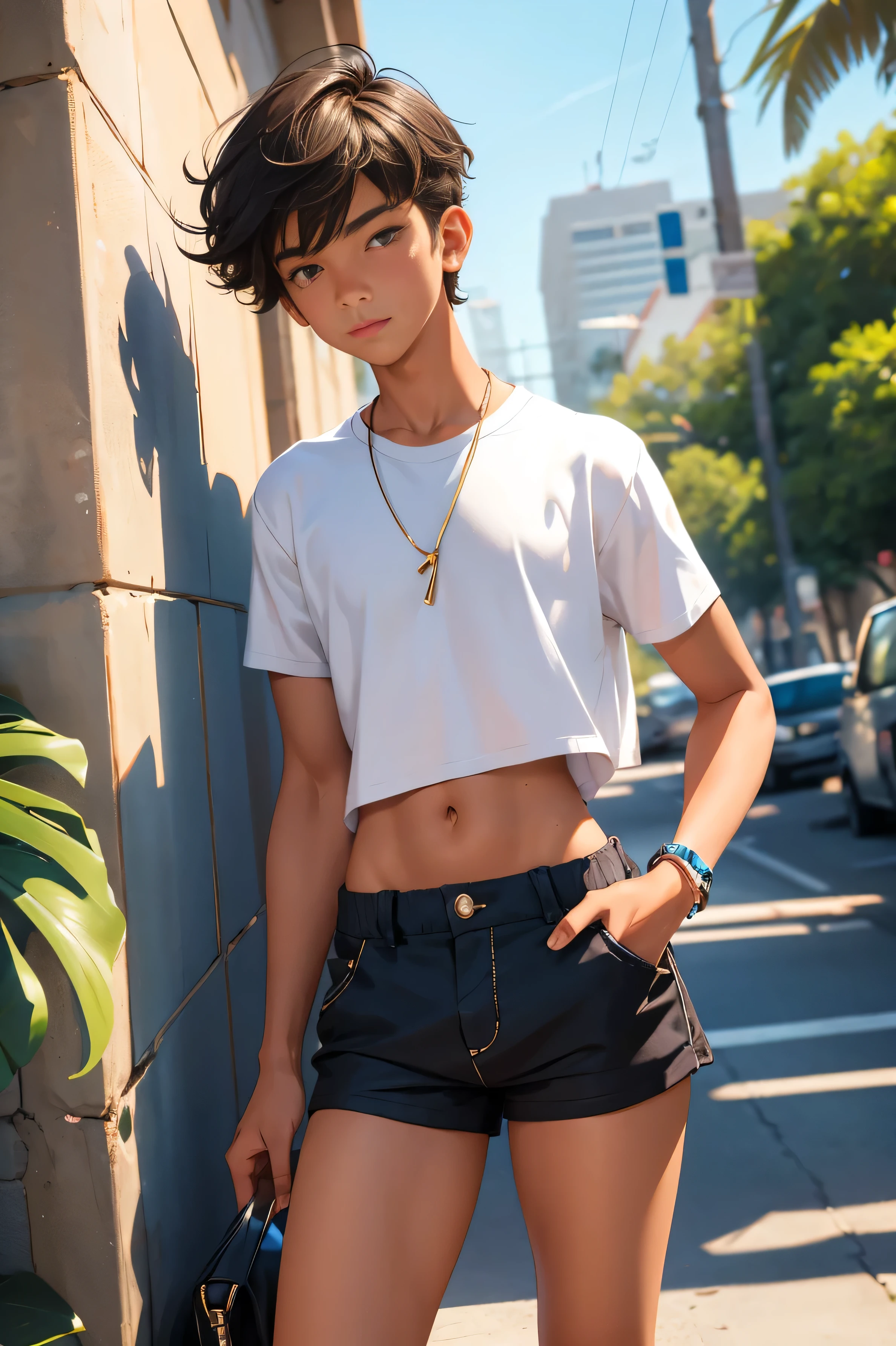 , beautiful teen boy is wearing apped shirt and too very much short mini shorts, the boy's legs are beautiful, tanned, bangs, flirty posing, hot summer, top quality,