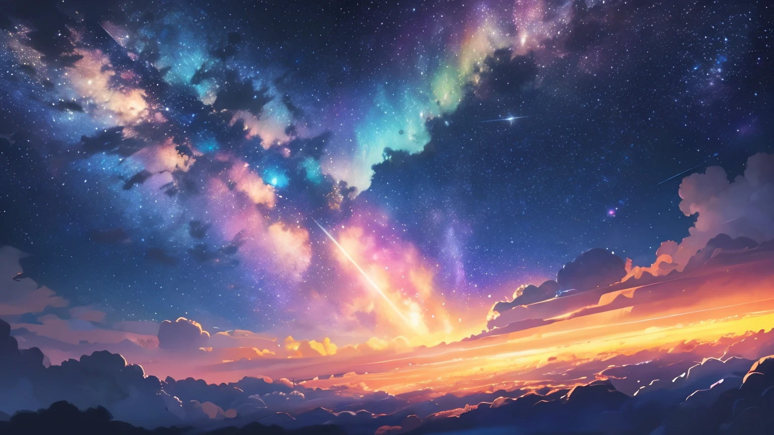 stary sky, clouds, ethereal, sparkly, epic night sky, orange aurora, masterpiece, clean lineart, clean anime outlines, best quality, high quality, high details, super detail, anatomically correct, best quality, ultra-detailed, colorful, dynamic lighting, HD,