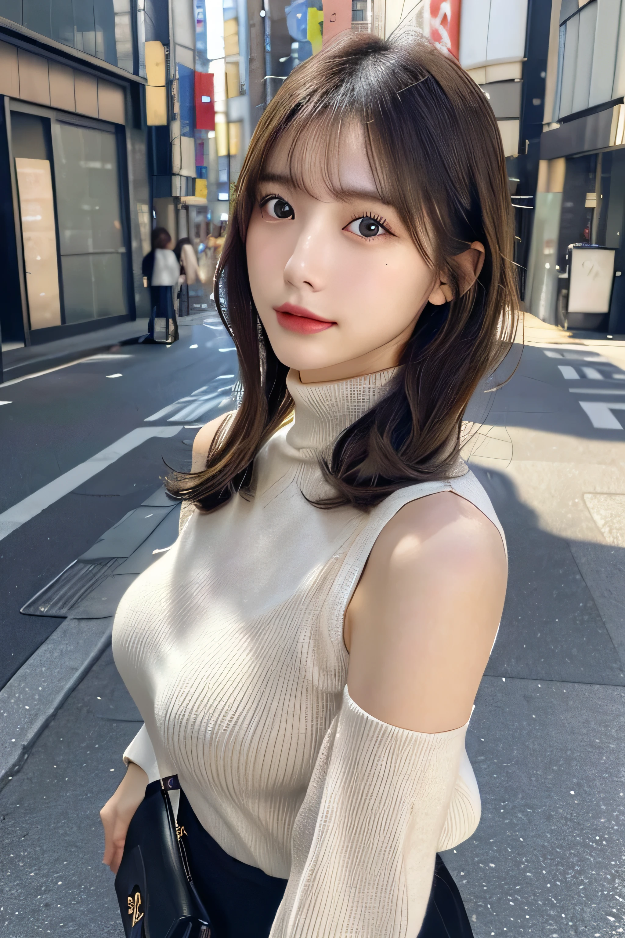 (Colossal tits、Turtleneck sweater、shoulder bags)、(top-quality,masterpiece:1.3,Ultra-high resolution,),(ultra - detailed,Caustics),(Reality:1.4,RAW shooting,)Hyper-realistic capture,A very detailed one,HD 16K human skin、 Natural skin texture、、Skin looks healthy、even skintone、 Use natural light and color,A woman who is,japanes,,kawaii,A brunette one,mid hair,(depth of fields、color difference、、Wide range of lighting、naturalshadow、)、(Hair swaying in the wind:1.2)、Streets of Tokyo、Large Breasts、