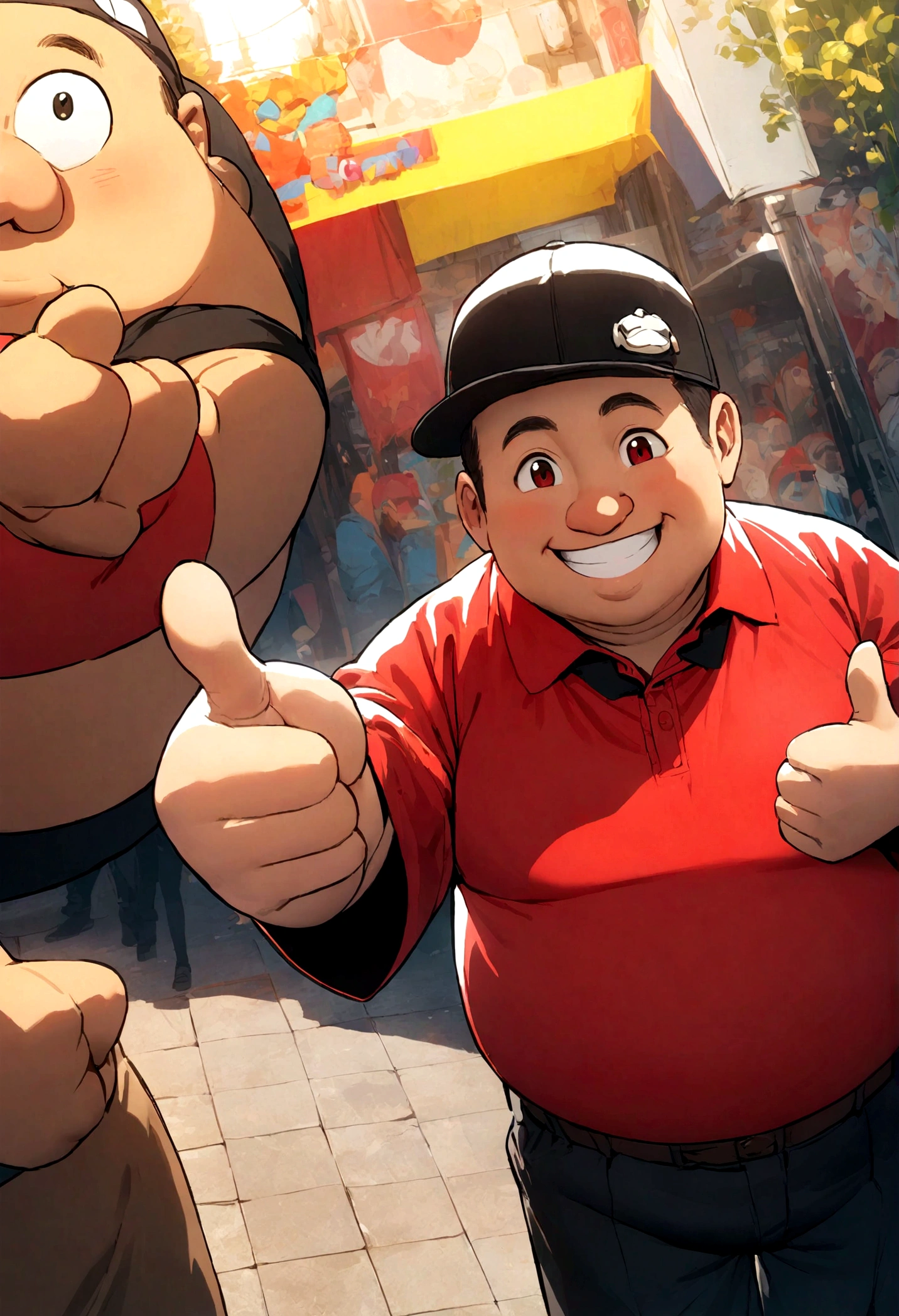 fat man in red shirt and black cap smiling doing thumbs up sign