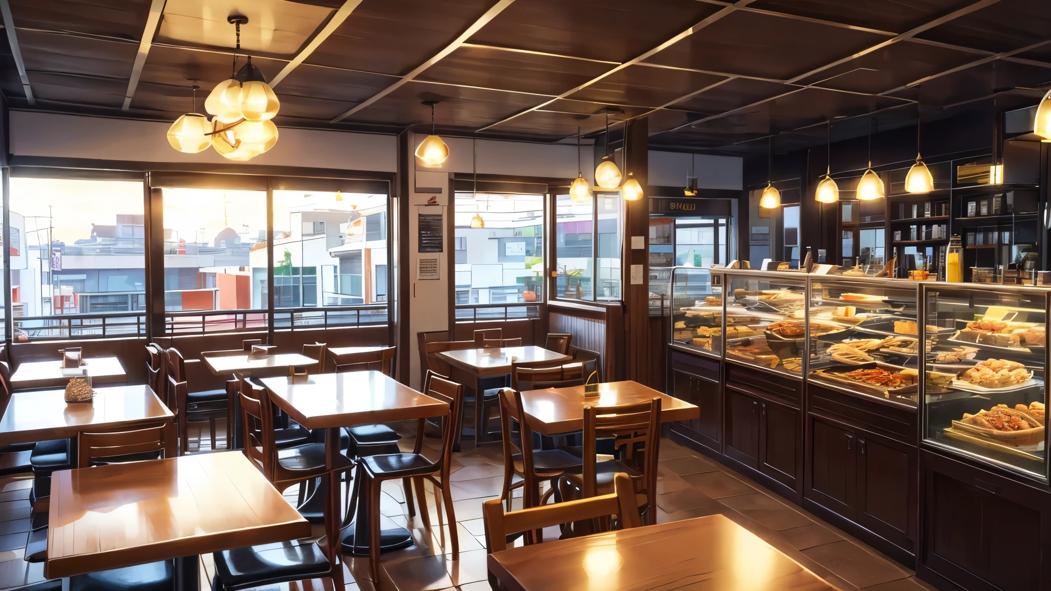 uma cafeteria num rua calma em uma tarde chuvosa. the atmosphere is inviting and cozy. Ao fundo um jazz suave pode ser ouvido e o cheiro de grama cortada preenche o ar. ((melhor qualidade), (ultra highres), (8k resolution)