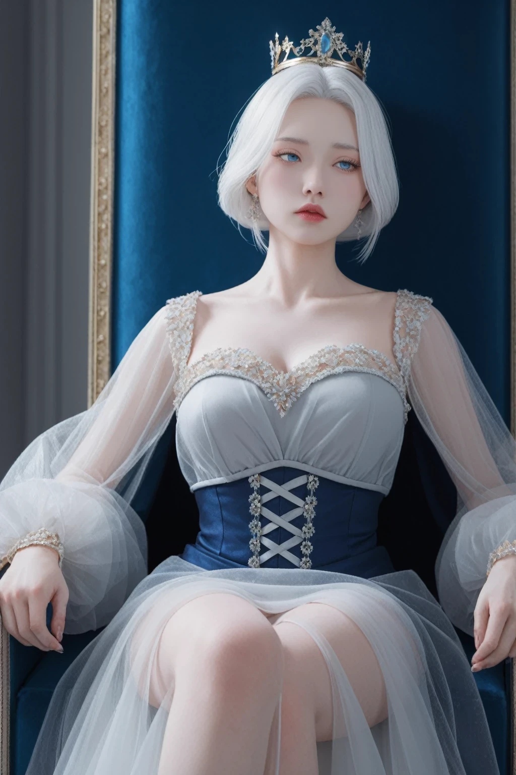 score_9,score_8_up,score_7_up,ultra-detailed, hyper details, clear line, from below, solo, perfect body, 1girl, white hair, blue eyes, emperor, black see-through clothes,crown, sitting on Throne, slightly close eyes, looking downward, turn head, shy, make up, high contrast, best illumination, an extremely delicate and beautiful, colorful, Hyperrealism