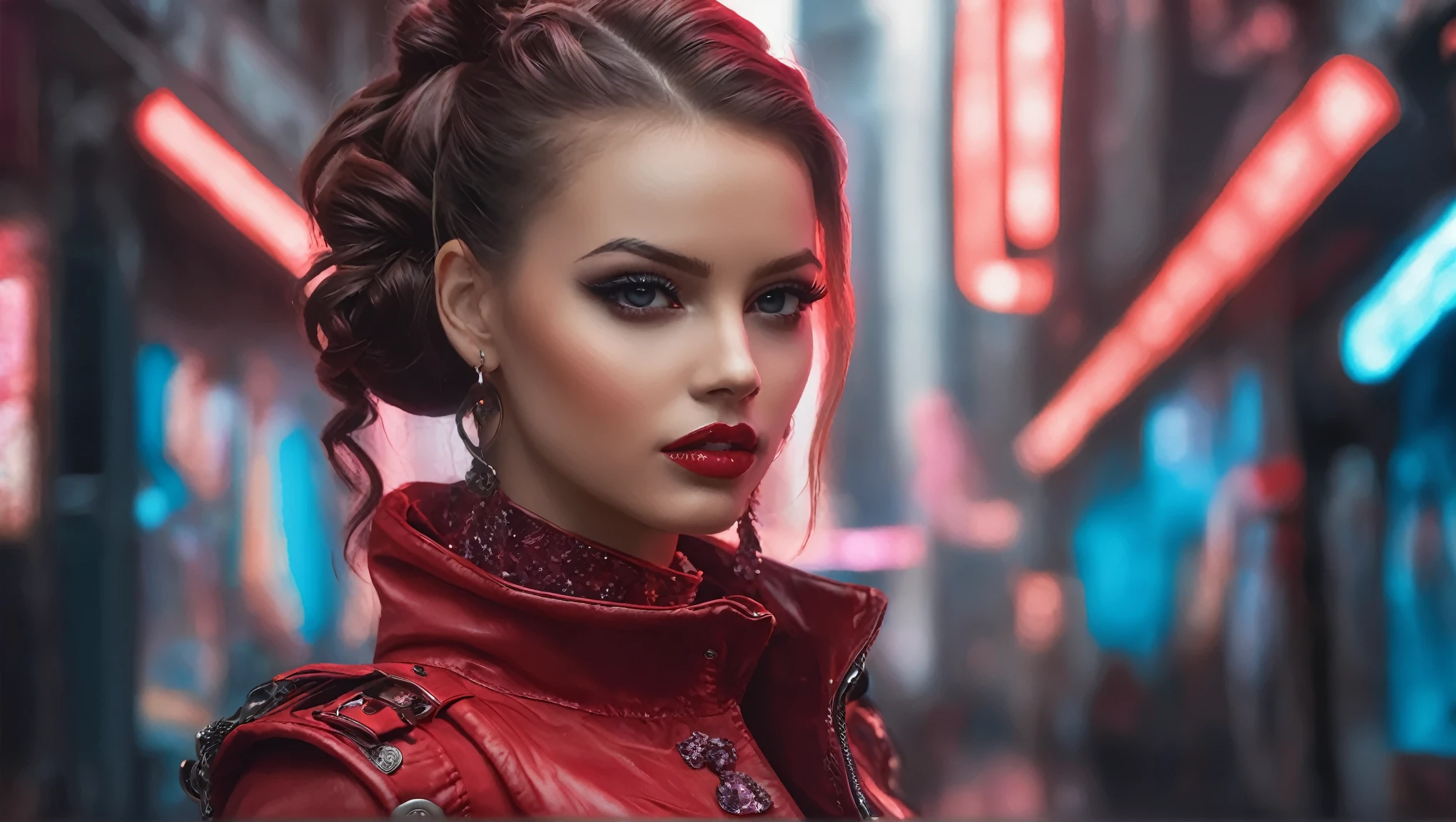 You see the whole body, standing, 1 mulher bonita adulta, Corpo glamouroso, Penteados curtos rosa, pele escorregadia, olhos azuis, sorriso, seducting sorrisoe, Maquiagem elegante, maquiagem pesada nos olhos, Red lips, (jaquetas de couro), Saia de couro, corte superior, media de liga, botas longas, striking and authentic accessories, realista, super realista 8K, super detalhado e realista, pose grandiosa e ousada, Recording installation, bunda grande, ruas ciberpunk